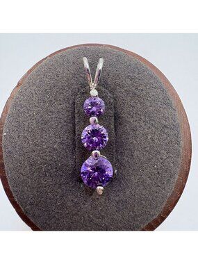Amethyst Three Stone Pendant Vintage Sterling Silver 925 Size 1" Length